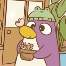 a cartoon penguin wearing a frog hat is holding a potted plant .