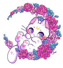 a drawing of a white cat surrounded by pink flowers and the name jenni