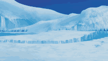 a painting of a snowy mountain range with ice formations