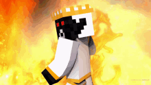 a minecraft character with a crown on his head is standing in front of flames