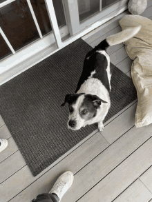 a black and white dog standing on a mat on a deck