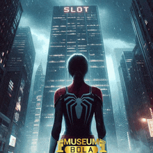 a woman in a spider-man costume stands in front of a slot sign