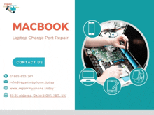 a poster for macbook laptop charge port repair with contact information