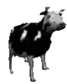 a black and white cow is standing on a white background in a pixel art style .