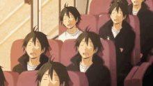 a group of anime characters are sitting on a bus with their eyes closed and yawning .