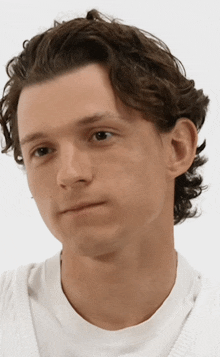 a close up of a man 's face with a white background