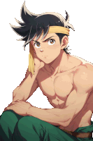 a shirtless anime character with a headband on his head