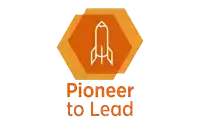 a logo that says pioneer to lead with a rocket