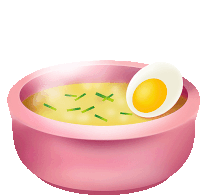 a pink bowl of soup with green onions and an egg in it