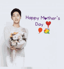 a man is holding a bouquet of flowers in front of a happy mother 's day greeting