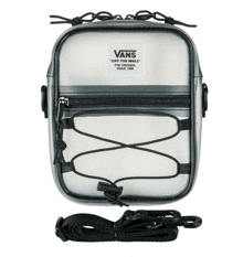 a clear vans off the wall purse with a black strap