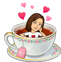 a cartoon of a woman in a cup of tea with hearts surrounding her