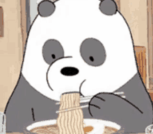 a panda bear from we bare bears is eating noodles with chopsticks .