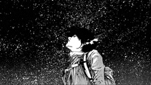 a black and white drawing of a person looking up at the night sky .