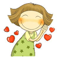 a cartoon girl in a green dress is smiling and surrounded by hearts