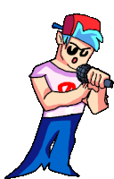 a cartoon boy is holding a microphone in his hand .