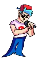 a cartoon boy is holding a microphone in his hand .