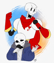 papyrus is holding a microphone next to a skeleton .