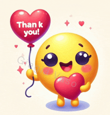 a yellow smiley face is holding a heart and a balloon that says thank you