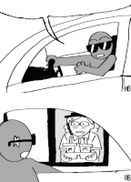 a black and white drawing of a man driving a car and a woman sitting in the driver 's seat .