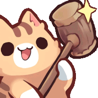 a cartoon cat is holding a wooden hammer with a star on it