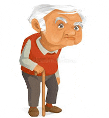 a cartoon illustration of an elderly man holding a cane and looking down .