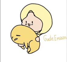 a drawing of a girl holding a yellow egg with the word gude emaan written below it