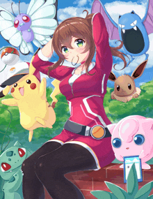 a girl is surrounded by pokemon including eevee and pikachu