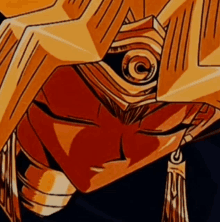 a close up of a cartoon character 's face with a gold helmet