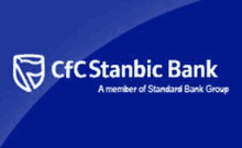 the logo for cfc stanbic bank a member of standard bank group is on a blue background .