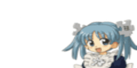 a girl with blue hair is wearing a white apron