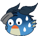 a cartoon drawing of a blue bird with a hat on .