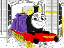 a cartoon drawing of a red and purple train with a face on it