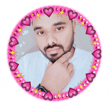 a man with a beard is surrounded by hearts and stars