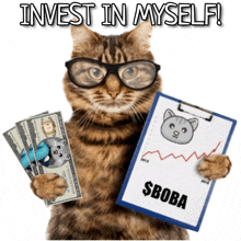 a cat with glasses is holding a clipboard with a cat on it that says $boba