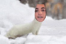 a white furry animal with a woman 's face in the snow