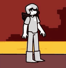 a cartoon character wearing a helmet and boots is standing in a room .