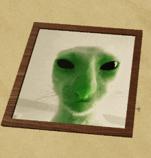 a picture of a green cat with black eyes is framed in a wooden frame