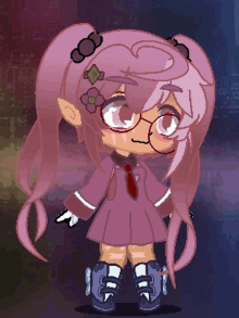 a pixel art of a girl with pink hair wearing glasses and boots