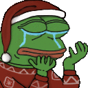 a frog wearing a santa hat and sweater is crying .