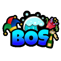 a cartoon illustration of the word bos with a jester hat and a bottle of champagne