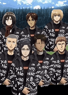 a group of anime characters wearing black supreme jackets