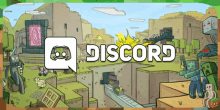 a cartoon drawing of a minecraft world with the word discord in white