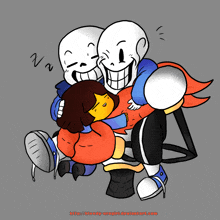 a cartoon drawing of two skeletons holding a little girl with the website http://bloody-orangegirl.deviantart