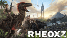 a poster for rheoxz with a woman riding a dinosaur