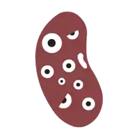 a cartoon drawing of a red bean with white circles on it