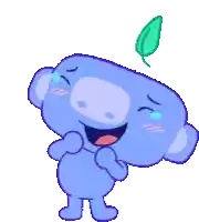 a blue cartoon character with a leaf on its head