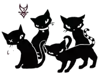 four black cats are silhouetted against a white background with a red symbol on top