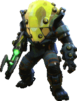 a futuristic robot with a yellow helmet and a green weapon