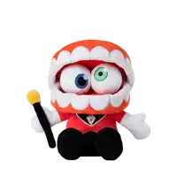 a stuffed toy with big teeth and big eyes is holding a cane